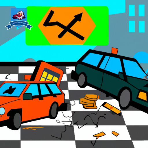 An illustration of a car accident at a crossroads, with two visibly damaged cars