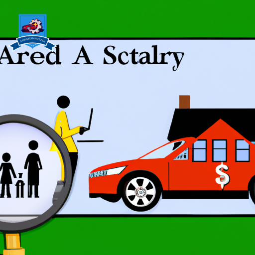 An illustration showing a family examining a car under a magnifying glass, with various safety features and potential risks highlighted, and a calculator with dollar signs floating above it, all against a backdrop of a suburban home