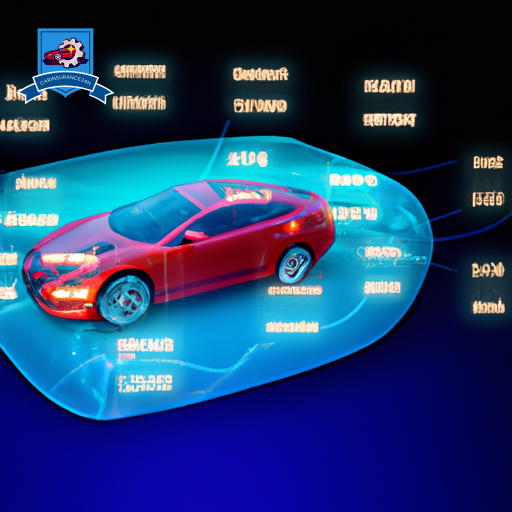 An image of a sleek, luxury car with a calculator and various car safety features symbols (like airbags, seatbelts, and ABS) floating above it, all encased in a transparent, glowing insurance shield