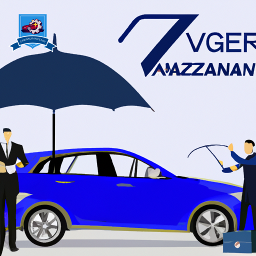 Ze a sleek, high-end car with a minor dent, in front of an elegant insurance office, a person handing over documents to a professional agent, all under a protective umbrella symbolizing premium insurance coverage