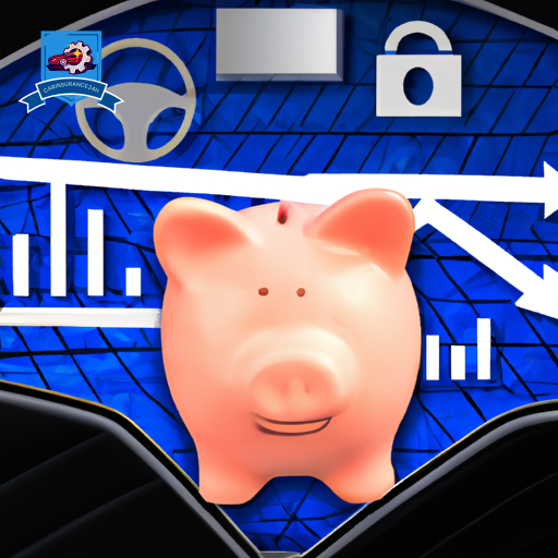An image featuring a sleek, luxury car with a shield overlay, surrounded by symbols of safety features (seatbelt, airbag, ABS), and a piggy bank, all against a backdrop of decreasing financial graphs