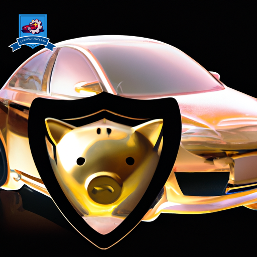 An image featuring a sleek, luxury car shielded by a transparent, golden dome, with symbols of safety, a piggy bank, and a medical cross subtly integrated around the car