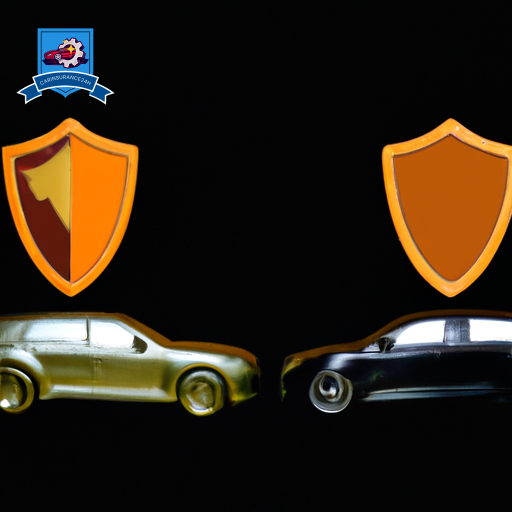 An image with two cars side by side, one surrounded by a basic shield and the other by a golden, intricate shield, symbolizing the protection levels of basic versus premium car insurance