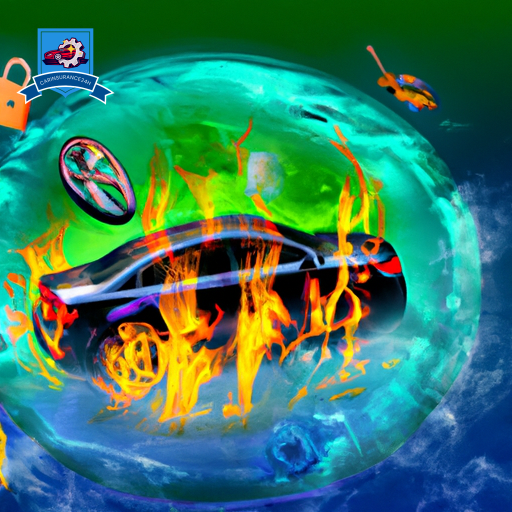 An image featuring a luxurious car shielded by a transparent, unbreakable bubble, with icons of fire, theft, and accidents bouncing off it, illustrating comprehensive coverage