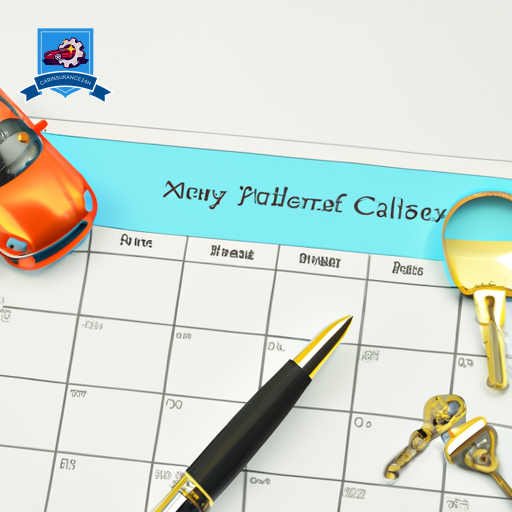 An image featuring a calendar with highlighted renewal date, a magnifying glass on a car insurance policy, a checklist with checkboxes, and a pen