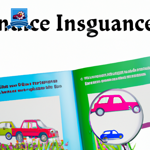Ate side-by-side, open insurance policy booklets with distinct colorful tabs (green, blue, red), a magnifying glass over one, and various vehicle icons (car, truck, motorcycle) subtly integrated into the background