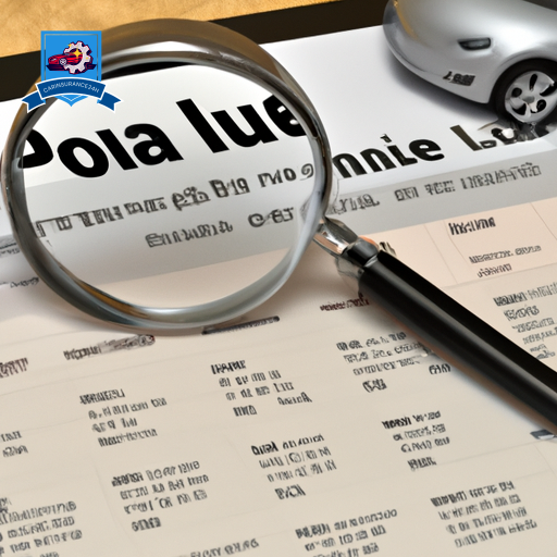An illustration showing a magnifying glass over a car insurance policy document, highlighting specific terms, with symbols like a lock for security and a calendar for renewal dates, all on a desk background