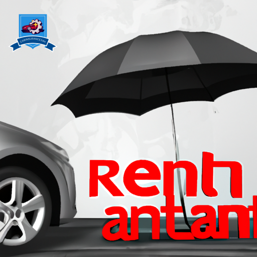 An image of a compact car with a rental company logo, parked next to a repair shop, with keys exchanging hands, all under an umbrella symbolizing protection