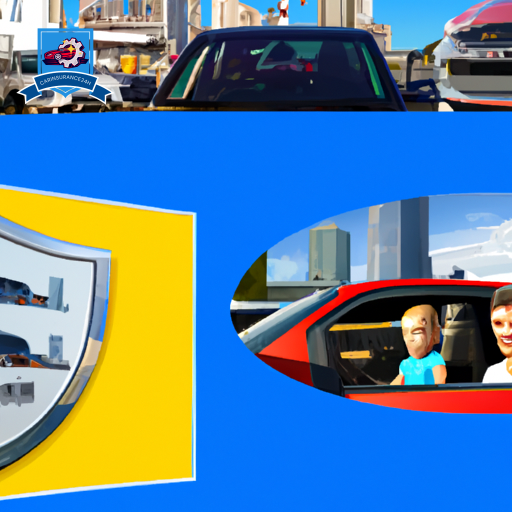 An image of diverse cars in a repair shop with a separate, smaller image of a happy family driving a rental car, surrounded by symbolic insurance shields, against a city backdrop