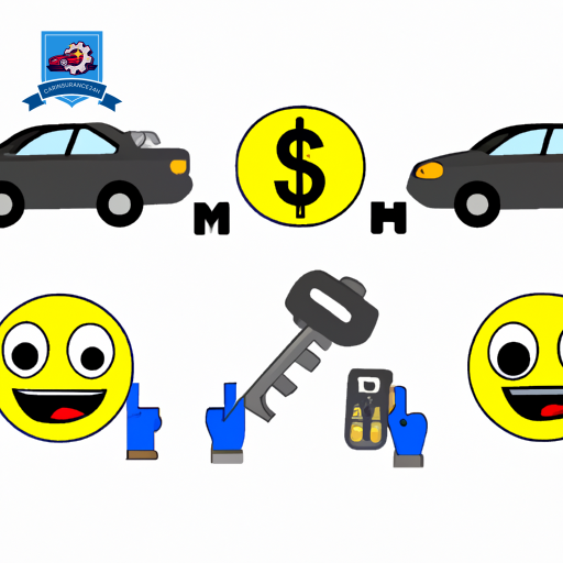 Ate a sequence of cars moving from left to right: one with a minor dent, another with a mechanic's tools above, a rental car with a key above it, and finally a happy emoji with a dollar sign