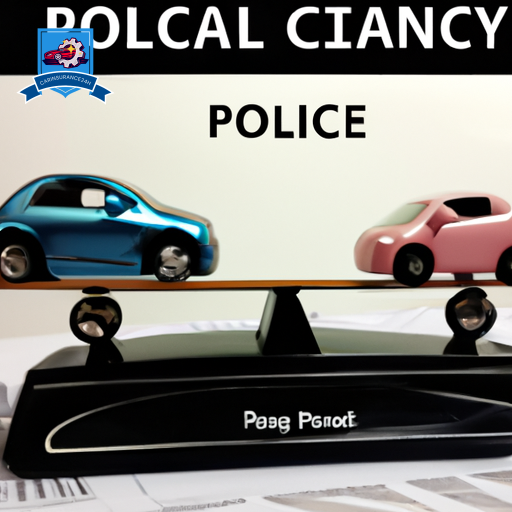 An image of two cars, one with a piggy bank and the other with a calculator, on a balance scale, against a backdrop of insurance policy documents and a repair shop