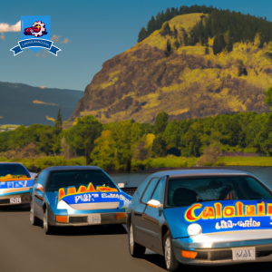 An image of a diverse group of people happily driving in various cars, all with "The Dalles Cheapest Car Insurance" logos on the side, against a scenic backdrop of the Columbia River Gorge