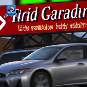 An image of a sleek, silver car driving through a bustling downtown area with the Tigard Auto Insurance logo subtly displayed on a billboard in the background