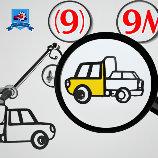 Ze a tow truck pulling a car with various symbols indicating weight restrictions, distances, and caution signs around them, all under a magnifying glass emphasizing scrutiny on towing limits and restrictions
