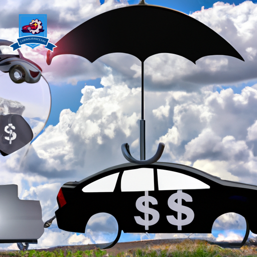 Ze a tow truck lifting a car under a protective umbrella, with insurance policy icons (shield, dollar sign, document) subtly integrated into the clouds above, emphasizing the safety and financial aspects of towing coverage