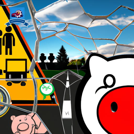 Ate a serene road with a shield symbol overlay, featuring icons of a tow truck, a broken car, and a piggy bank, all connected with a safety net against a backdrop of relieved and happy faces