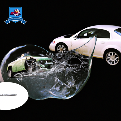 An image featuring two crashed cars on a road, one visibly insured with a protective bubble, the other with a damaged, half-transparent bubble