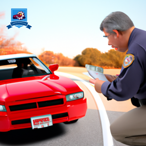 An image of a car pulled over on the side of the road with a police officer writing a ticket