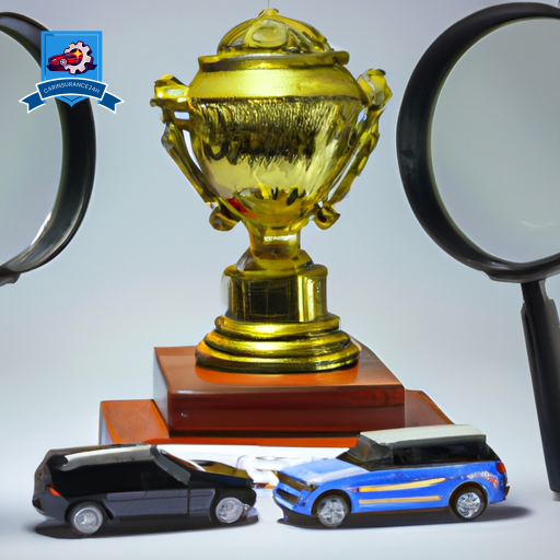 An image featuring a podium with three car models, each representing a different pay-per-mile insurance company, with a golden trophy above the first place, under a magnifying glass highlighting their features